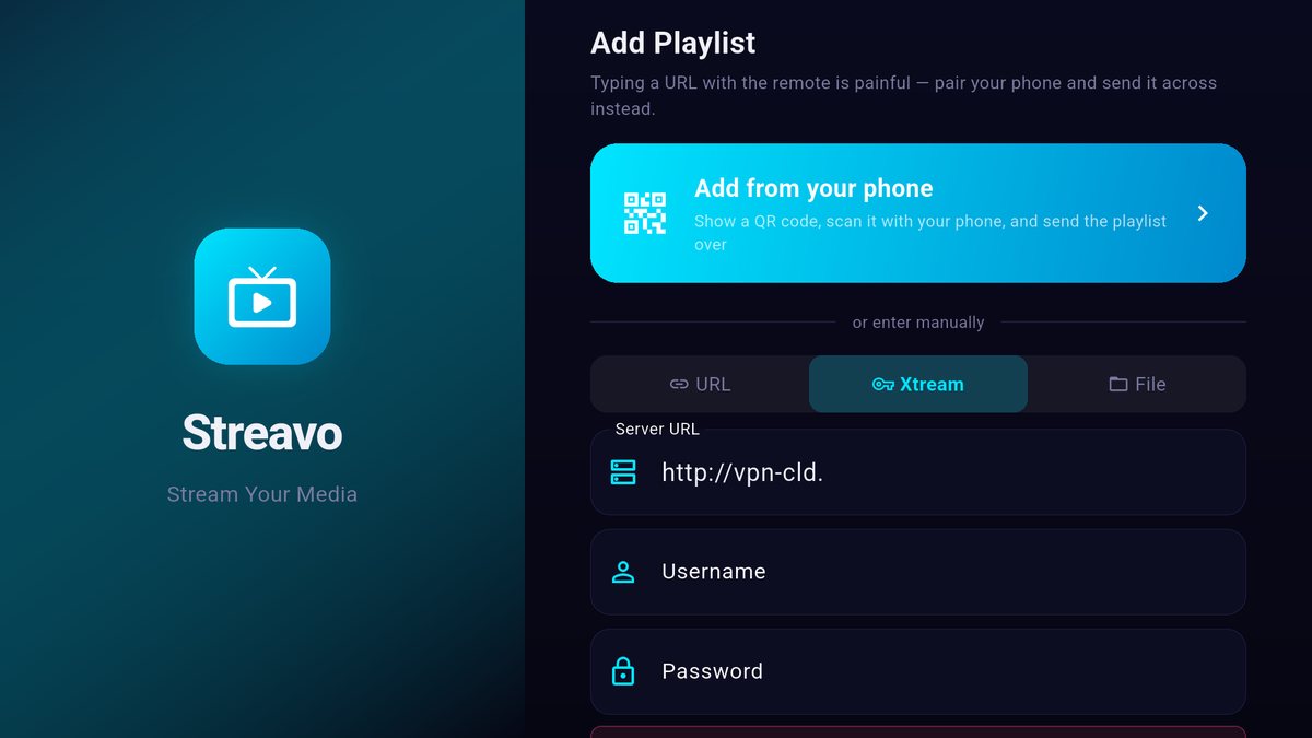 Streavo on Android TV — add your playlist
